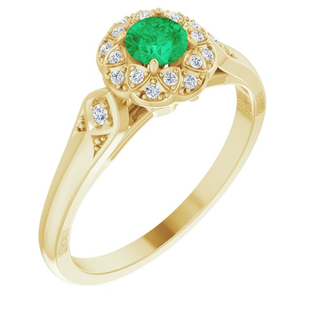 14K Yellow Natural Emerald & 1/10 CTW Natural Diamond Ring 